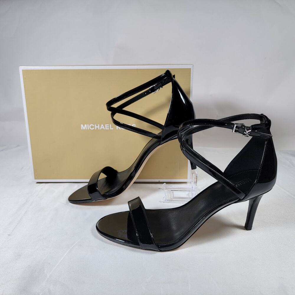 New Michael Kors Ava Mid Womens 9.5 Black Patent Strappy Heels Sandals Stiletto